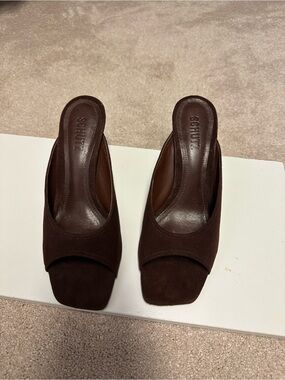 SCHUTZ Dark Brown Suede Open-Toe Mule Heels